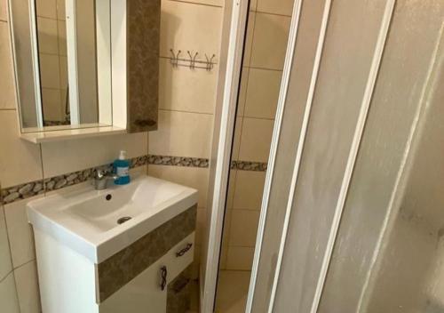 bagno con lavandino e doccia con specchio di Cozy apartment a Chişinău
