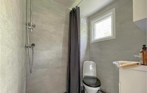 a bathroom with a shower with a toilet and a window at Awesome Home In Askome With Wifi in Askome
