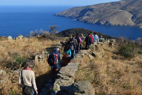 a group of people walking up a hill near the water at Kontos-Traditional house in Andros beach in Andros
