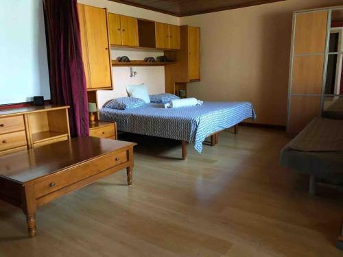 1 dormitorio con 2 camas y mesa de centro en Blue Horizon Apartment, en Granada