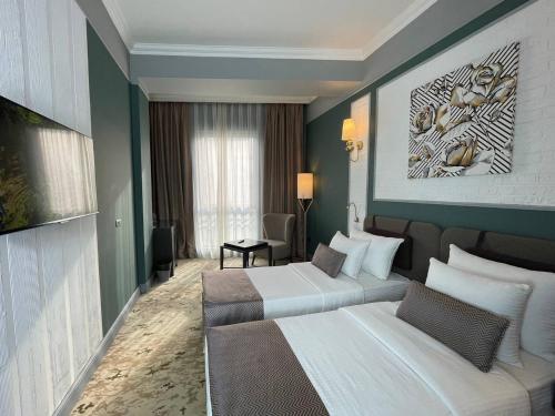 バクーにあるTeatro Rooms Hotelのベッド2台とデスクが備わるホテルルームです。