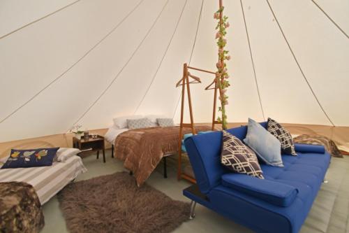 a living room with a blue couch and a bed at Quex Livery Glamping in Birchington