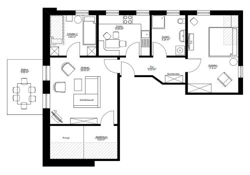 un plano de una casa en blanco y negro en Bird Mountain Lodge am Vulkanradweg - keine Monteure 