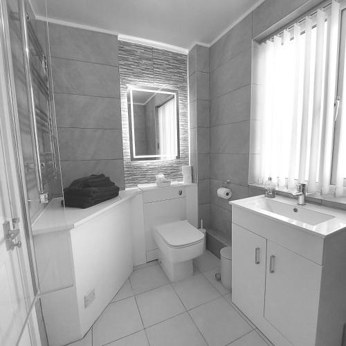 a bathroom with a toilet and a sink at BONNIE'S APARTMENT, adults only in Bowness-on-Windermere