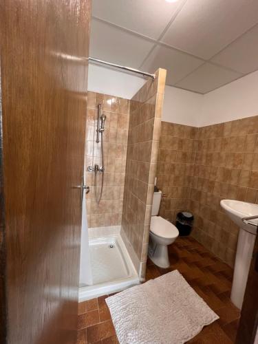 La salle de bains est pourvue d'une douche et de toilettes. dans l'établissement Emmanuel, à Lourdes