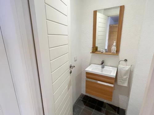 a bathroom with a sink and a mirror at Caro's Beachfront in Trou aux Biches