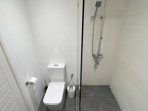 a bathroom with a toilet and a shower at Caro's Beachfront in Trou aux Biches