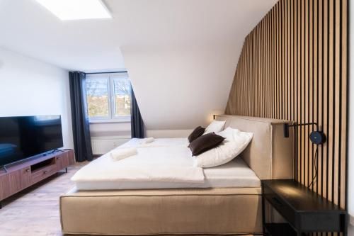 a bedroom with a large bed and a television at JAWO Apartments Koblenz modern & zentral, Küche & WIFI in Koblenz
