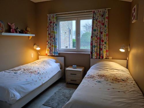 a bedroom with two twin beds and a window at B&B Het Polderhof in Jabbeke