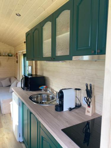 una cocina con armarios verdes y un fregadero en una caravana en Pia B&B Babbita, en Hasselt