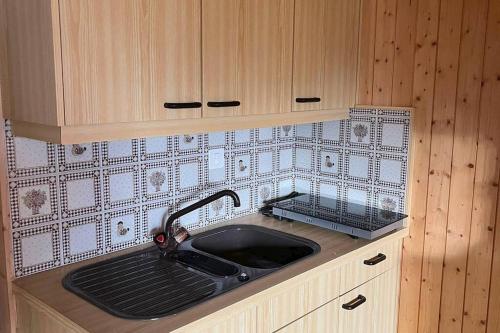 eine Küche mit einem Waschbecken und einer gefliesten Wand in der Unterkunft Wohnung in Bergchalet in Flums
