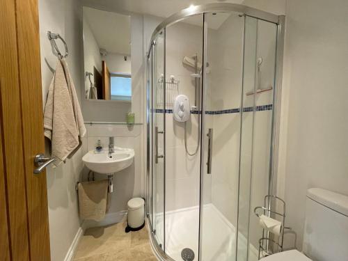 a bathroom with a shower and a toilet and a sink at Orchard House Garden Studio - Relax Refresh Return in Wiveliscombe