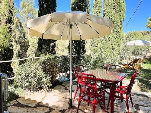 a table with four chairs and an umbrella at VIP View & Exclusive Access to the Sea in Porto Santo Stefano