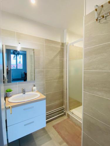 une salle de bain avec un lavabo et une douche dans l'établissement Superbe appartement centre Montluçon, proche hôpital, à Montluçon