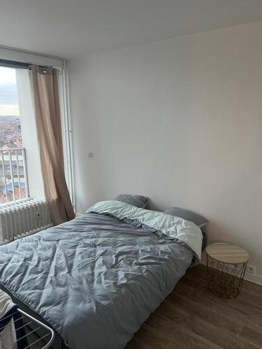 un lit dans une chambre avec une grande fenêtre dans l'établissement Appartement haut standing région Lilloise, à Roubaix