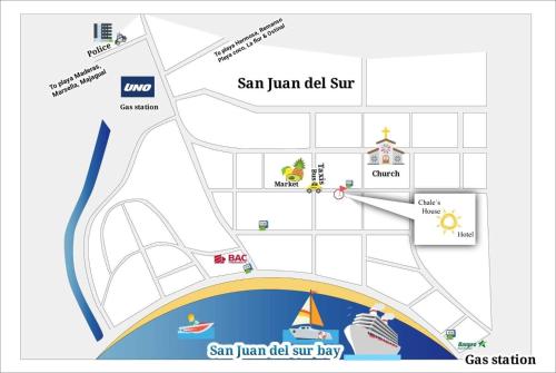 Um mapa de San Juan fez uma loja de surf em Chale's House Hotel em San Juan del Sur