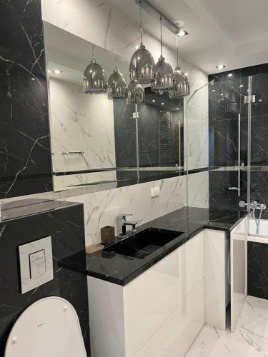 czarno-biała łazienka z toaletą i umywalką w obiekcie Apartament Tarnów Klimeckiego 11 w Tarnowie