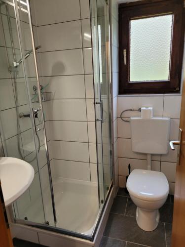 a bathroom with a toilet and a glass shower at City-Apartment Lüdenscheid in Lüdenscheid