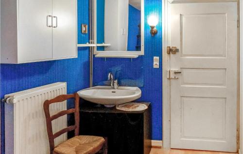 een badkamer met een wastafel en een blauwe muur bij Awesome Home In Pfaffenheim With 2 Bedrooms in Pfaffenheim