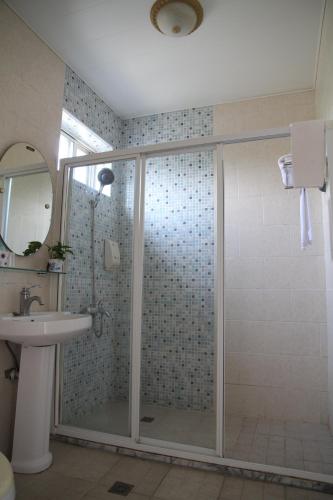 Un baño con ducha de cristal con lavabo. en Champs Elysees Guesthouse, en Pinghe
