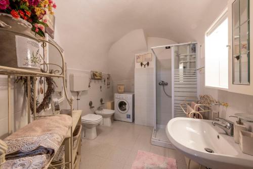 e bagno con lavandino, servizi igienici e doccia. di Charm amidst Lakes & Mountains - renovated in 2023 a Ramponio