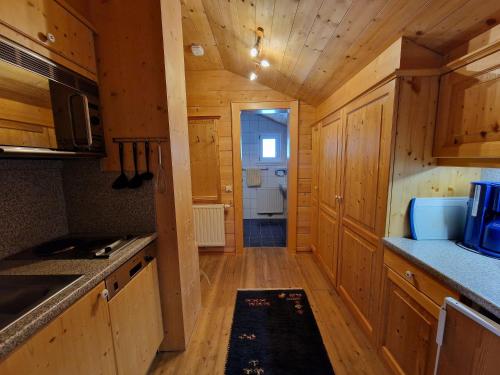 a kitchen with wooden cabinets and a bathroom in a cabin at Brücklmeier Ferienwohnungen in Gargellen