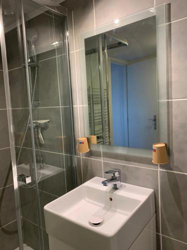 uma casa de banho com um lavatório e um espelho em Le Cabanon em Sospel