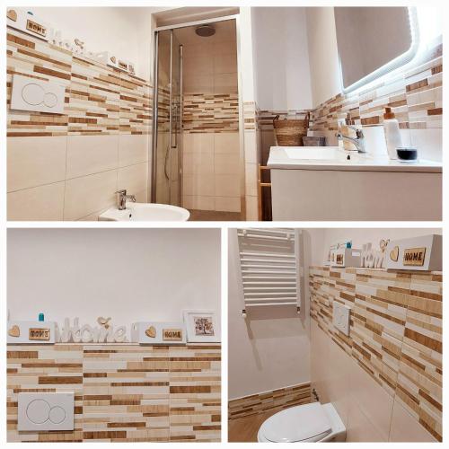 2 zdjęcia łazienki z toaletą i umywalką w obiekcie La casa nel vicolo w mieście Bracciano