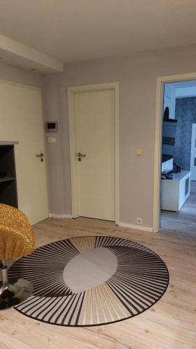 a living room with a large rug on the floor at Suite Stuermer in Nordhausen