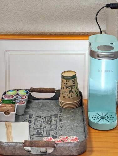 a box with a blender and other items on a table at The Fountain Creek Inn of Manitou Springs in Manitou Springs