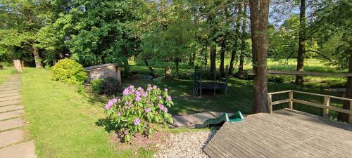 a garden with a fence and flowers in the grass at Chatky u potoka - chatička č.2 in Olešnice v Orlických horách