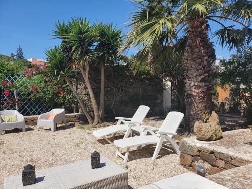 a group of white chairs and a palm tree at Madilì in Pantelleria