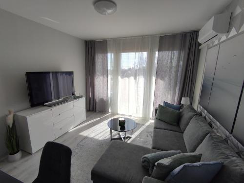 uma sala de estar com um sofá e uma televisão em LAKE APARTMAN em Balatonfüred