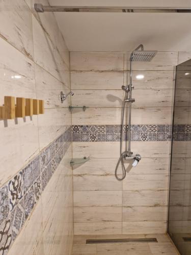 a shower with a glass door in a bathroom at Objevte krásu Beskyd , navštivte chatu Lojza in Staré Hamry