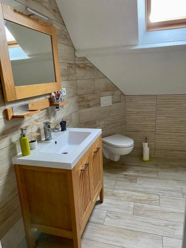 une salle de bain avec un lavabo et des toilettes dans l'établissement Chambre chez particulier, au Mans