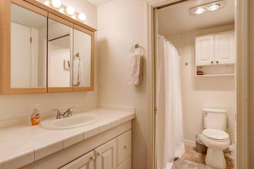 a bathroom with a sink and a toilet and a mirror at Spacious Lakeview Heavenly Mountain Escape! in Stateline