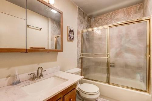 a bathroom with a shower and a toilet and a sink at Spacious Lakeview Heavenly Mountain Escape! in Stateline