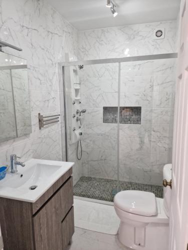 een badkamer met een douche, een toilet en een wastafel bij Daisy's place in Arcos de Valdevez