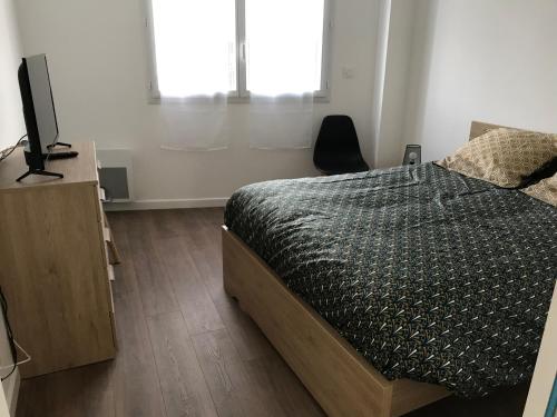 1 dormitorio con 1 cama y TV en Appartement numéro 4 ou numéro 8, en Savigné-lʼÉvêque