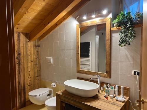 ein Badezimmer mit einem Waschbecken, einem WC und einem Spiegel in der Unterkunft Villetta Drena in Drena