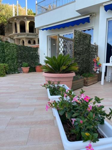 een patio met potplanten en een gebouw bij Residence Sei Delfini in Termoli