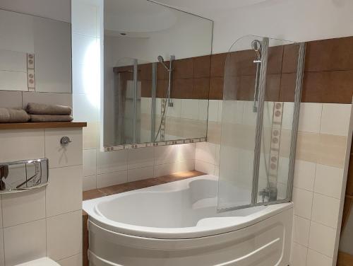 La salle de bains est pourvue d'une baignoire et d'une douche en verre. dans l'établissement Apartament Słoneczny, à Ostrów Wielkopolski