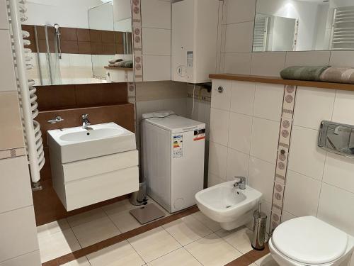 La petite salle de bains est pourvue d'un lavabo et de toilettes. dans l'établissement Apartament Słoneczny, à Ostrów Wielkopolski
