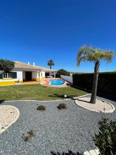 a backyard with a palm tree and a swimming pool at Oliva House in Lagos