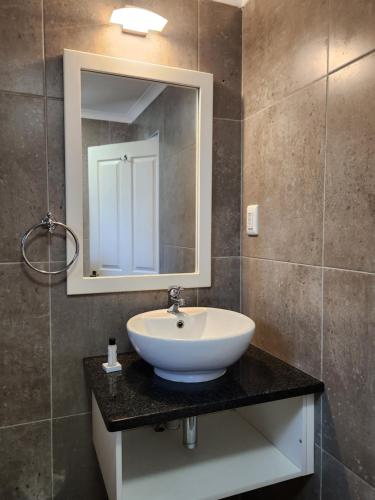 a bathroom with a white sink and a mirror at Hippo Lodge Apartments in St Lucia