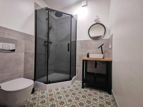 a bathroom with a shower and a toilet and a sink at GaujaUpe 2 in Gauja