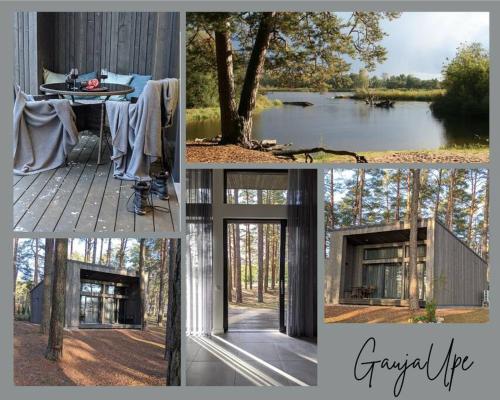 a collage of four pictures of a house and a window at GaujaUpe 2 in Gauja
