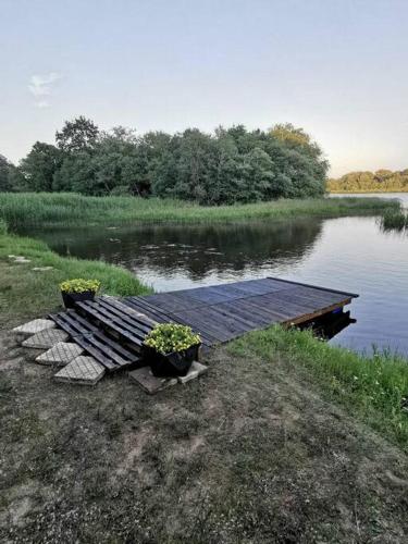 a dock with two potted plants next to a lake at GaujaUpe 2 in Gauja