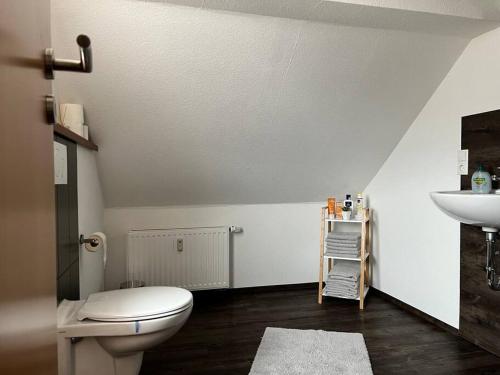 ein Bad mit einem WC und einem Waschbecken in der Unterkunft Ferienwohnung Berghaus in Warendorf