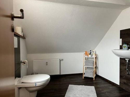 a bathroom with a toilet and a sink at Ferienwohnung Berghaus in Warendorf